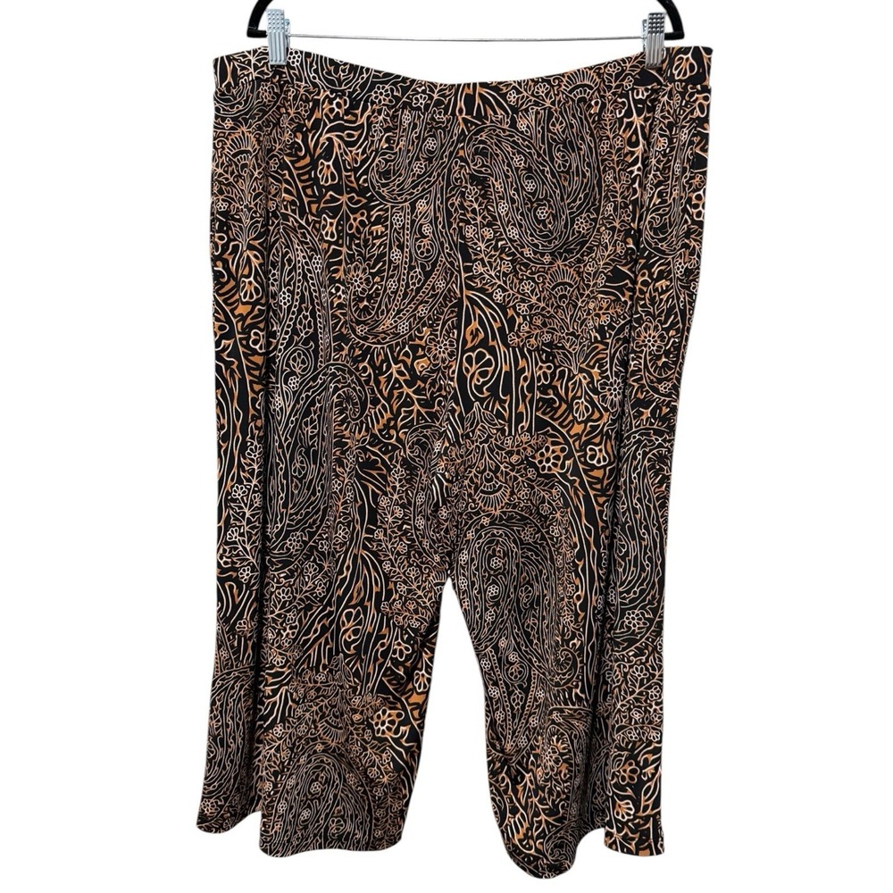 Susan Graver Liquid Knit Brown Black Floral Pull On Wide Leg Crop Pants Sz 1X